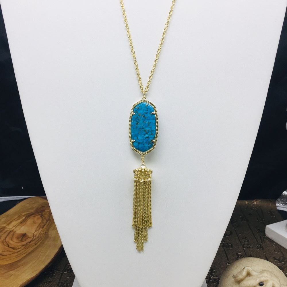 Kendra Scott Rayne Turquoise Bronze Veined Tassel Long Necklace Gold Plated